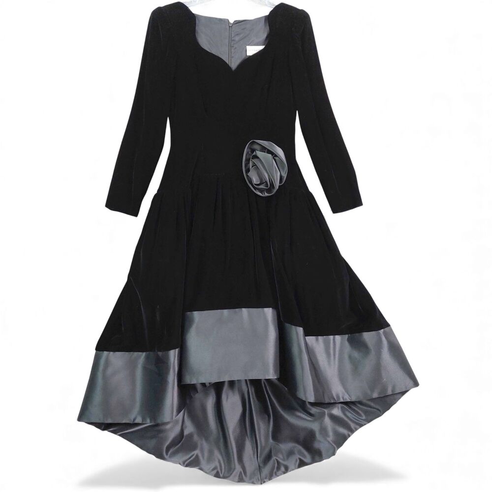 Morton Myles for the Warrens Sz 10 Black Velvet Satin Dress Drop Waist Vintage